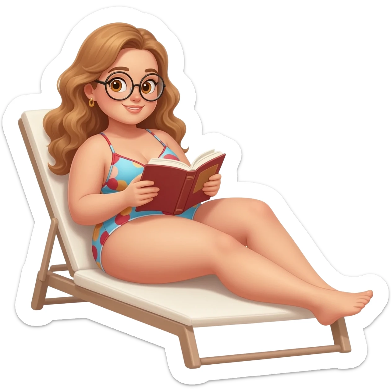 detailed emoji illustration of a curvy woman with long light brown wavy hair and light brown eyes wearing round glasses, relaxing on a lounge chair in a swimsuit while reading a book, sunny summer atmosphere, emoji style sticker