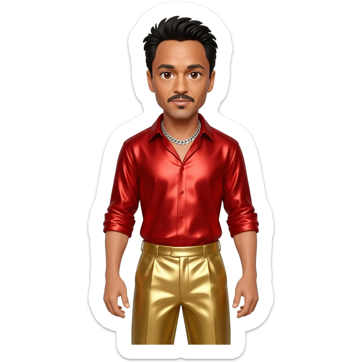 Robert Downey Jr with brown eyes, black hair, red metallic shirt, gold metallic baggy pants, silver necklace sticker