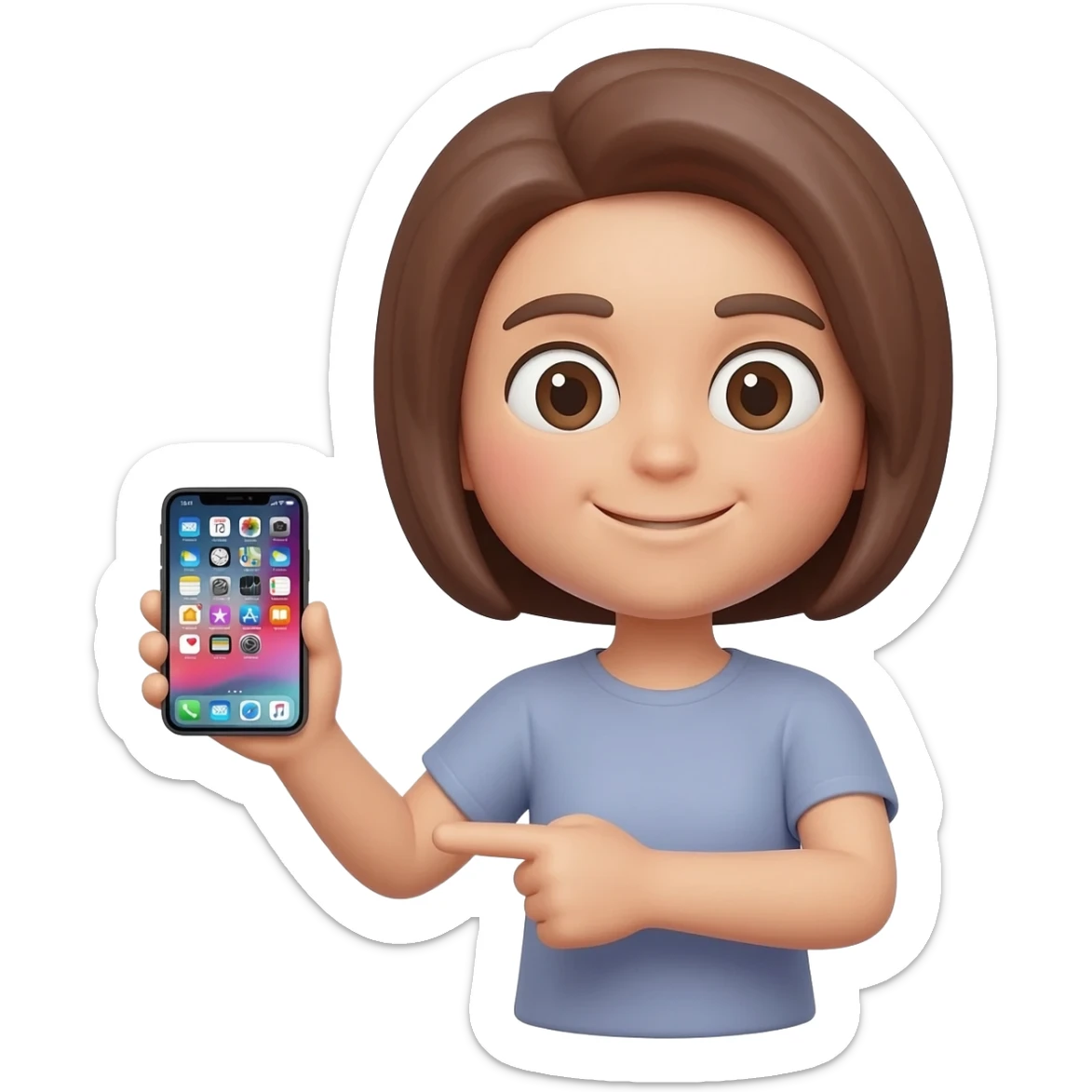 Tête emoji beige fille brune cheveux courts iPhone IOS qui exige de faire ce qu’on dit en pointant du doigt sticker