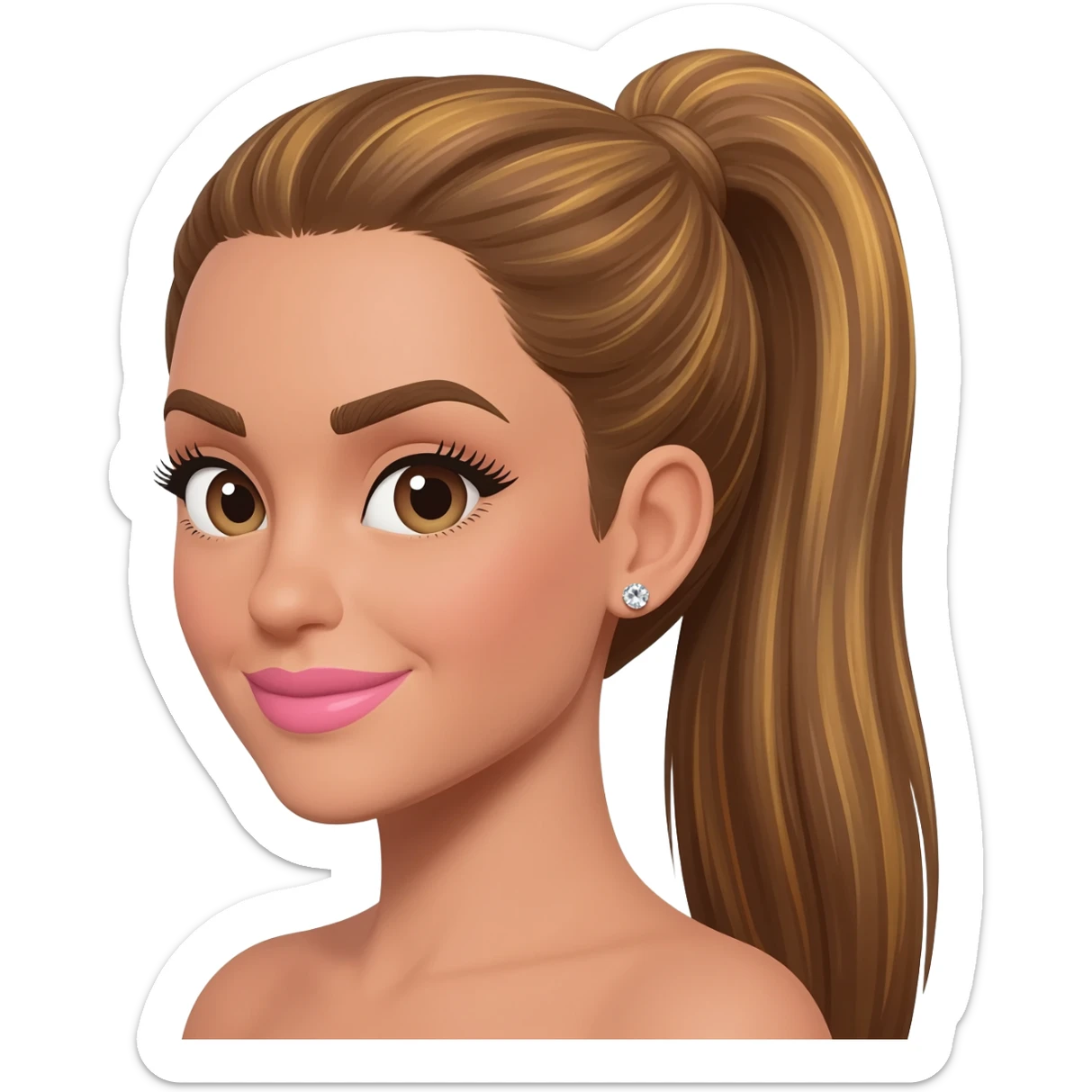 brunette with long golden-brown hair with light brown roots in a sleek high ponytail, dark brown eyes, medium brown eyelash color, full lips, small button nose, fair olive color skin, with full eye lashes, diamond earring studs, with pink lipstick, nice smile, with light brown eyebrows sticker