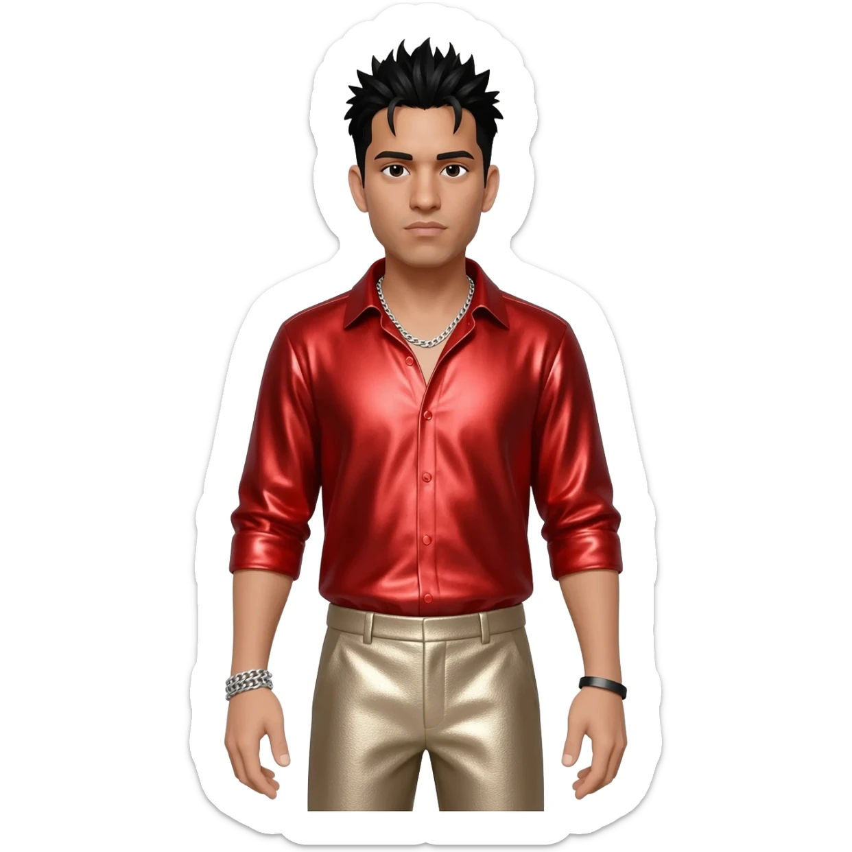 Chino Moreno with black hair, red metallic shirt, beige metallic baggy pants, silver necklace sticker