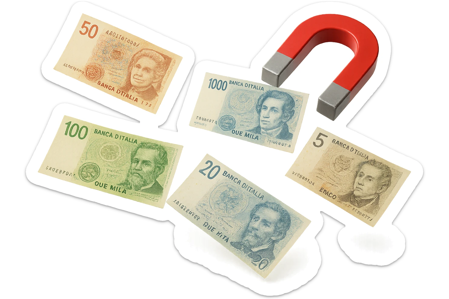 cinque banconote fluttuano in aria attratte da una calamita rossa, iperrealistica 4k, isolato su sfondo bianco sticker