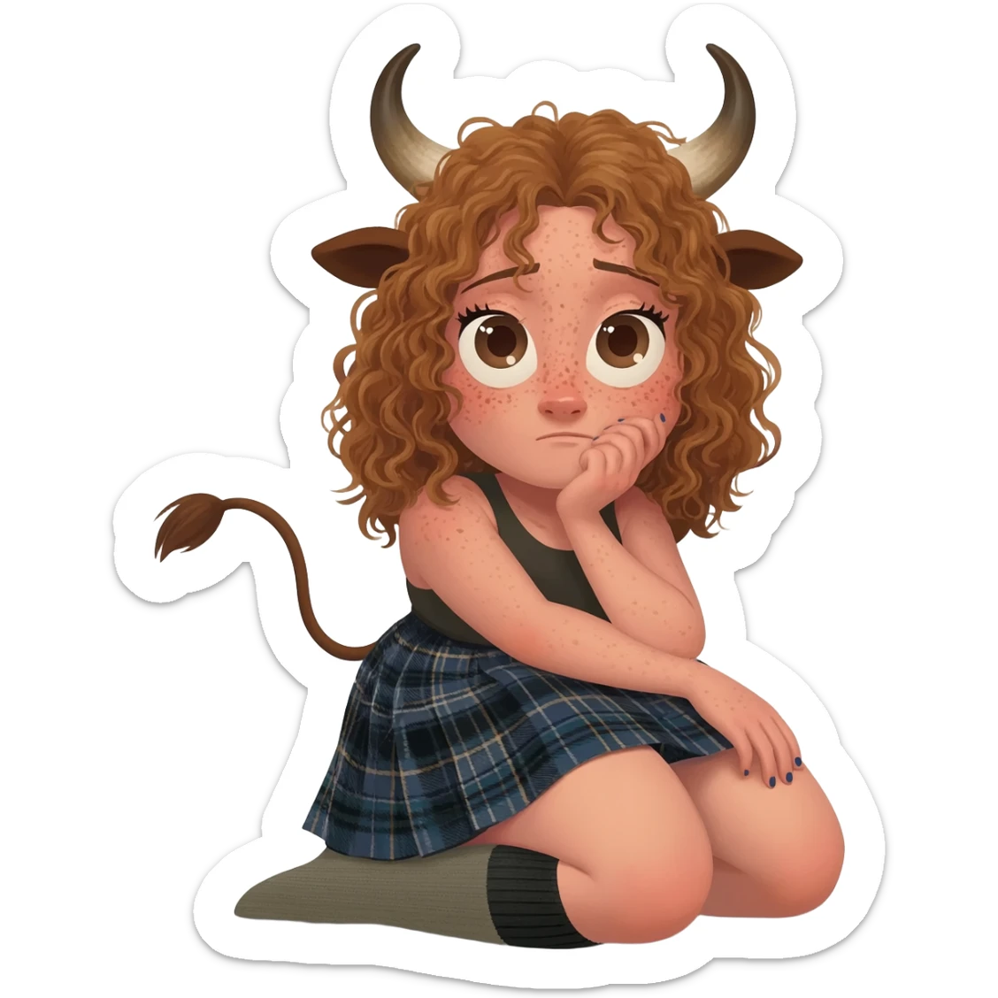 shy buff curly woman with frecles with light brown messy hair touches her long brown cow tail with both hands with strong fat thights with cow horns and cow brown ears with big butt in a short scottish kilt and with knee socks and shoes crossed legs very shy expression sticker