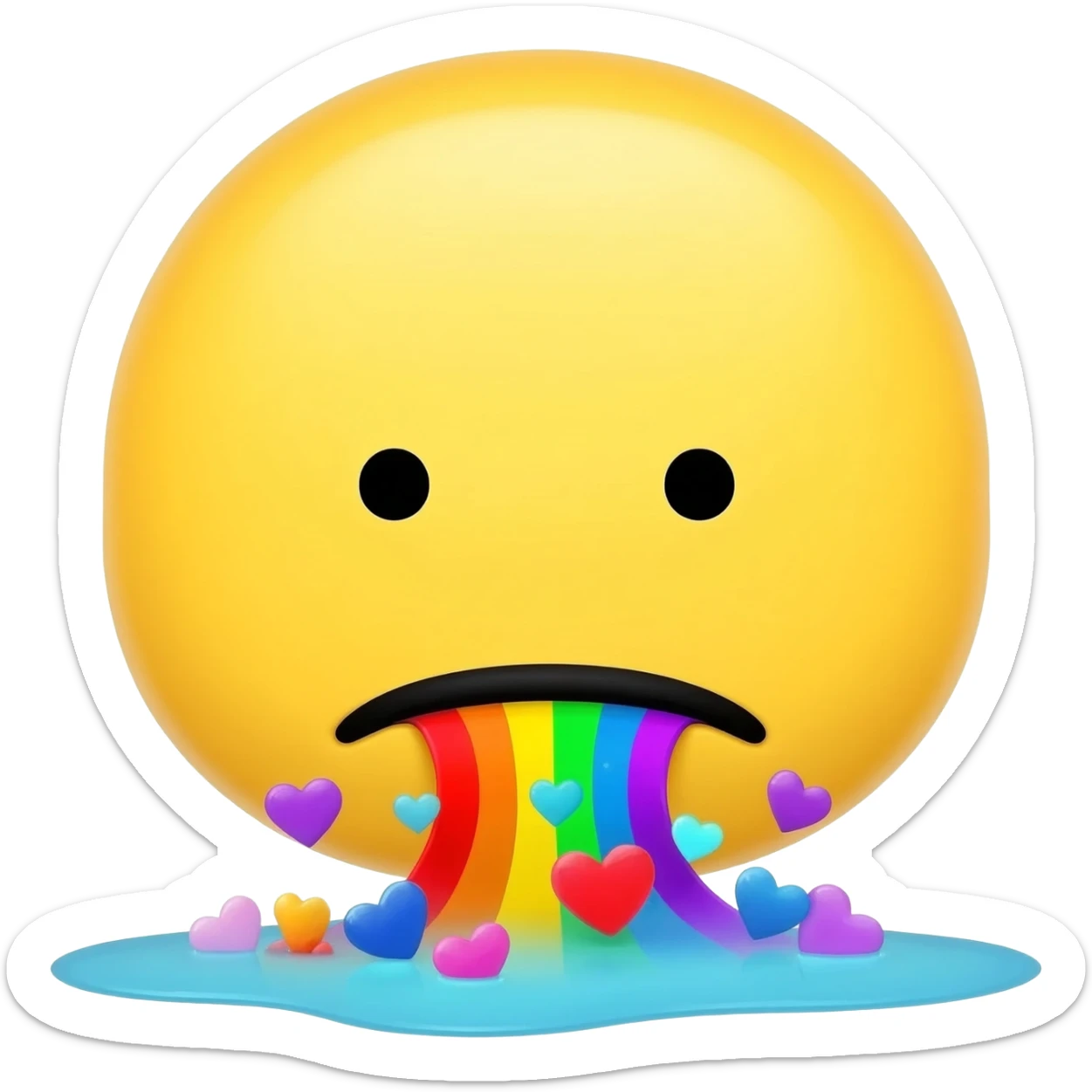 Standard yellow Smiley face, not looking happy, spitting out a rainbow with hearts into a little puddle sticker
