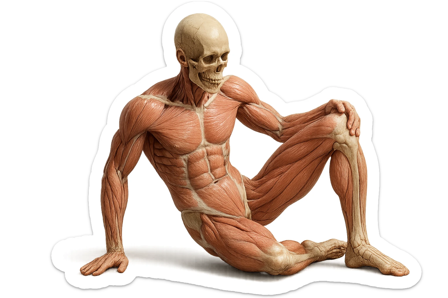 CORPO UMANO ANATOMICO REALISTICO CHE SVOLGE UN ESERCIZIO DI MOBILITà ALLE ANCHE, iperrealistico 4k sticker