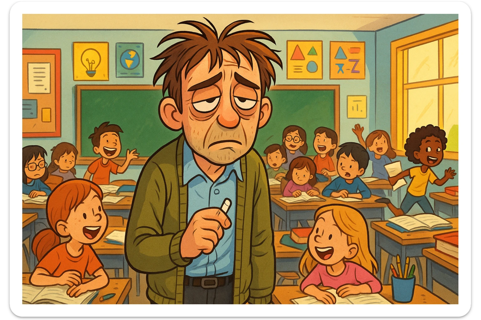 digital cartoon art of a exhausted teacher in a bustling classroom sticker