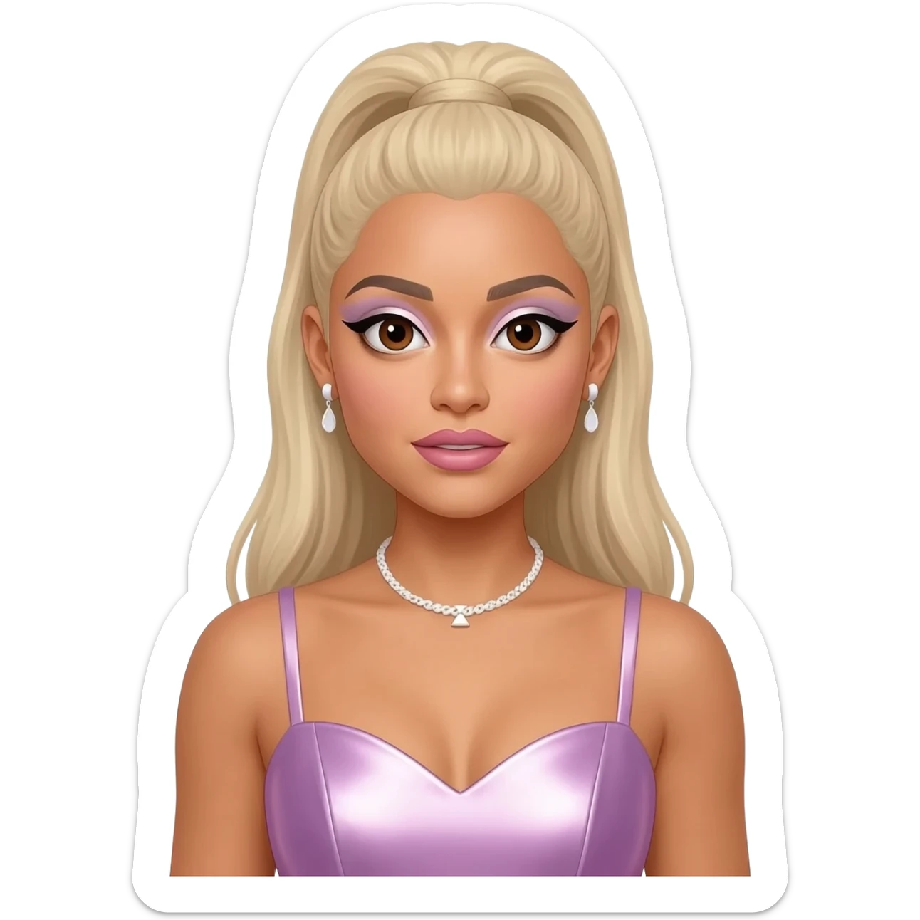 Ariana Grande with brown eyes, long blonde ponytail hair, white eyeshadow, pink lipstick, lavender pink metallic sweetheart dress, white necklace and earrings sticker