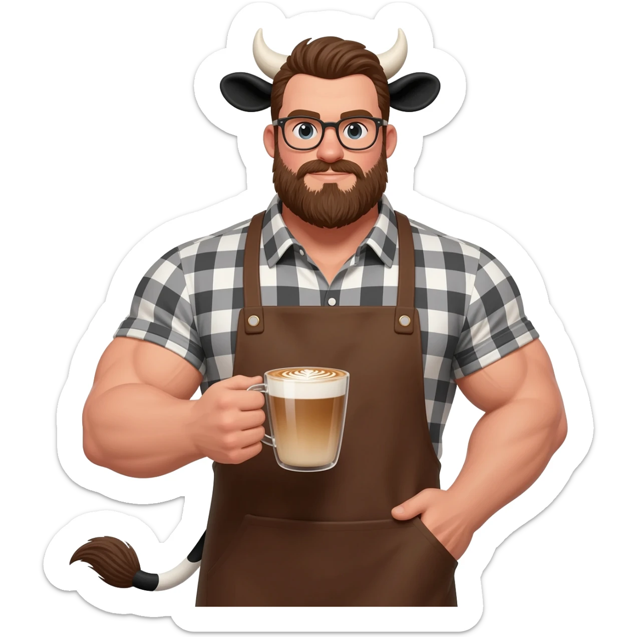 big buff man in a checkered shirt with beard in glasses with extra large fat tits with cow ears and cow tail dressed like barista in brown apron with latte in his hand sticker