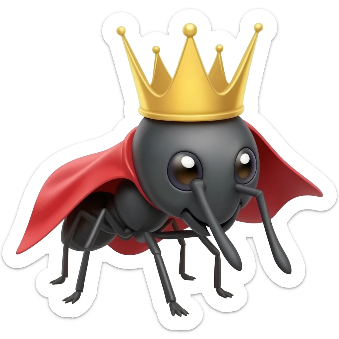 Ant doing superhero pose, without cape, but with the minimal features of an ant, wearing only golden crown sticker