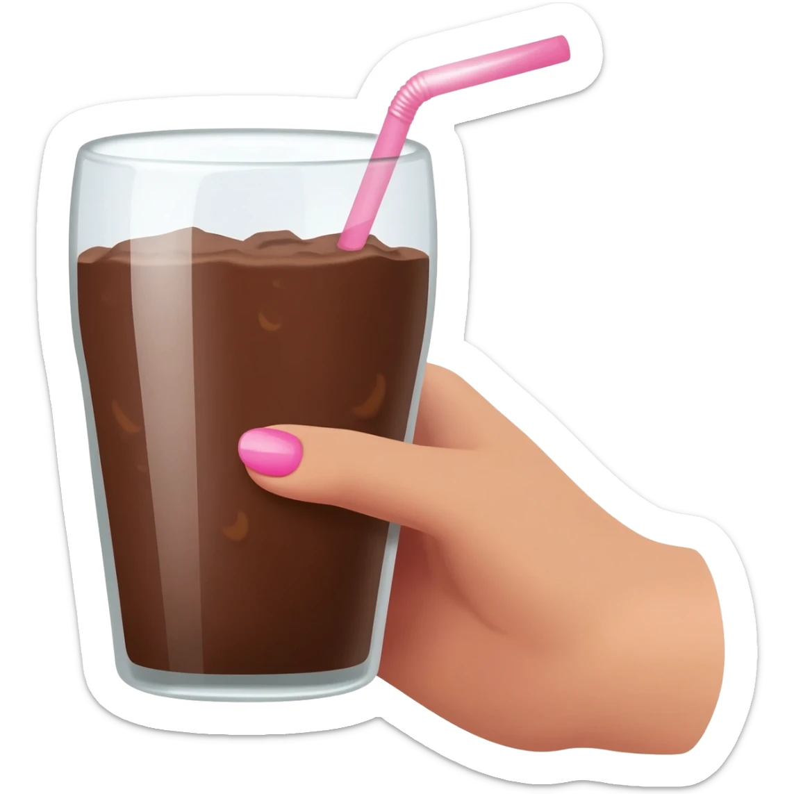 chocolat froid dans un grand verre avec une paille tenue par le bout d'une jolie main de femme avec une belle manucure Style Pinterest réaliste Avec une bordure blanche sticker