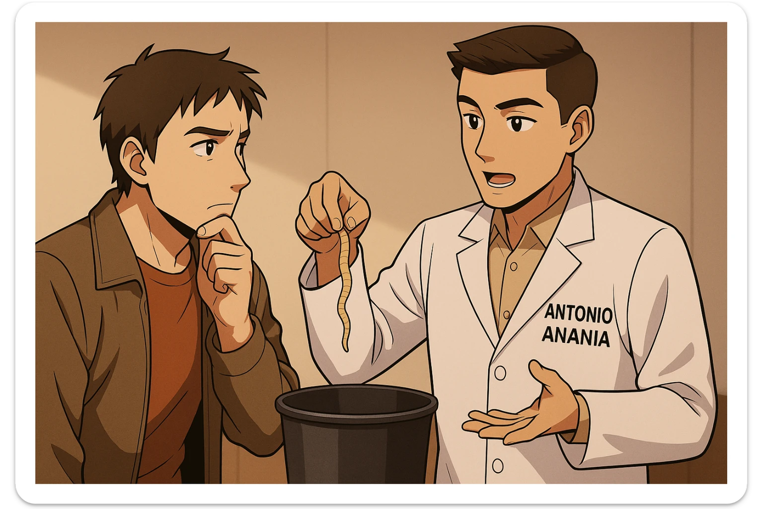fai un webtoon manga a colori con questo stile, in cui un uomo ascolto il kinesiologo con il camice bianco (fagli anche la scritta "ANTONIO ANANIA" SUL CAMICE, il kinesiologo con il camice lascia cadere un verme lungo e beige chiaro nella spazzatura, IL KINESIOLOGO SPIEGA ALL'UOMO UNA cosa. L'UOMO ha un ESPRESSIONE pensierosa IN VOLTO mentre si tocca il mento con l'indice. non fare i fumetti però, fai solo in modo che sembri stiano parlando sticker