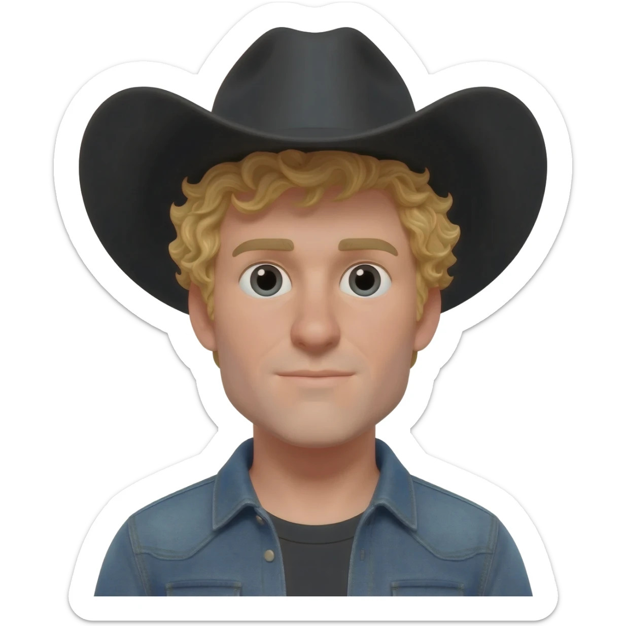 Man with blonde curly hair sticking out under his black cowboy hat sticker