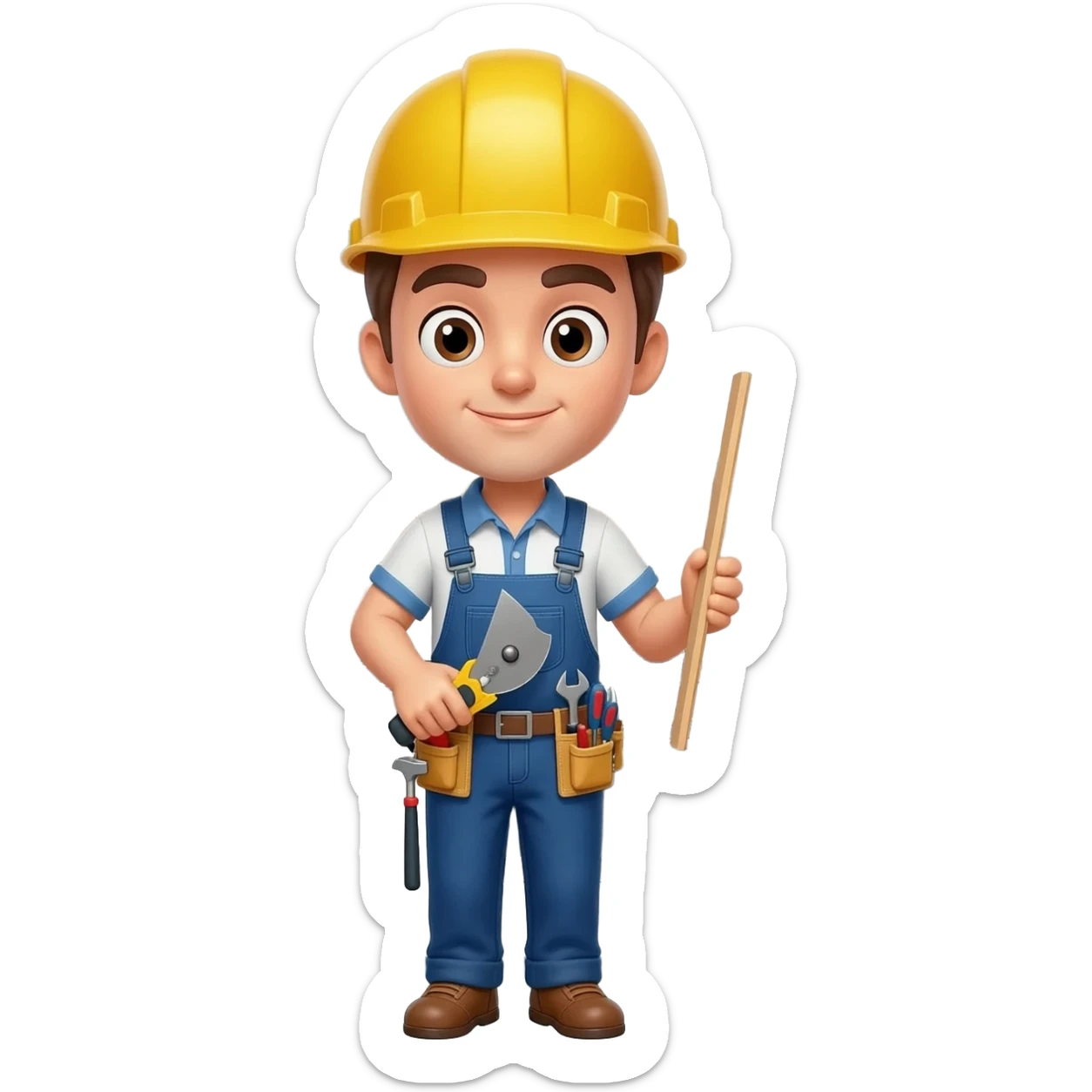 Emoji-style construction worker remodeling a kitchen, installing cabinets and tiles with tools, wearing a hard hat and tool belt, modern kitchen background with countertops and cabinets, bright emoji design, simple and clean, expressive and friendly. sticker