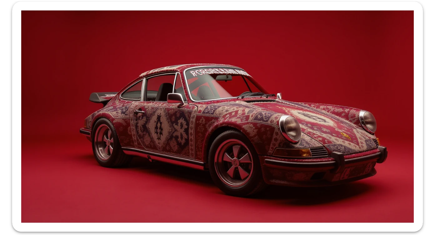 Medium shot of a porsche 911, body of car made of russian carpet with patterns, red solid studio background, low keu light, top soft light, dutch angle,  captured by ARRI 65 sticker