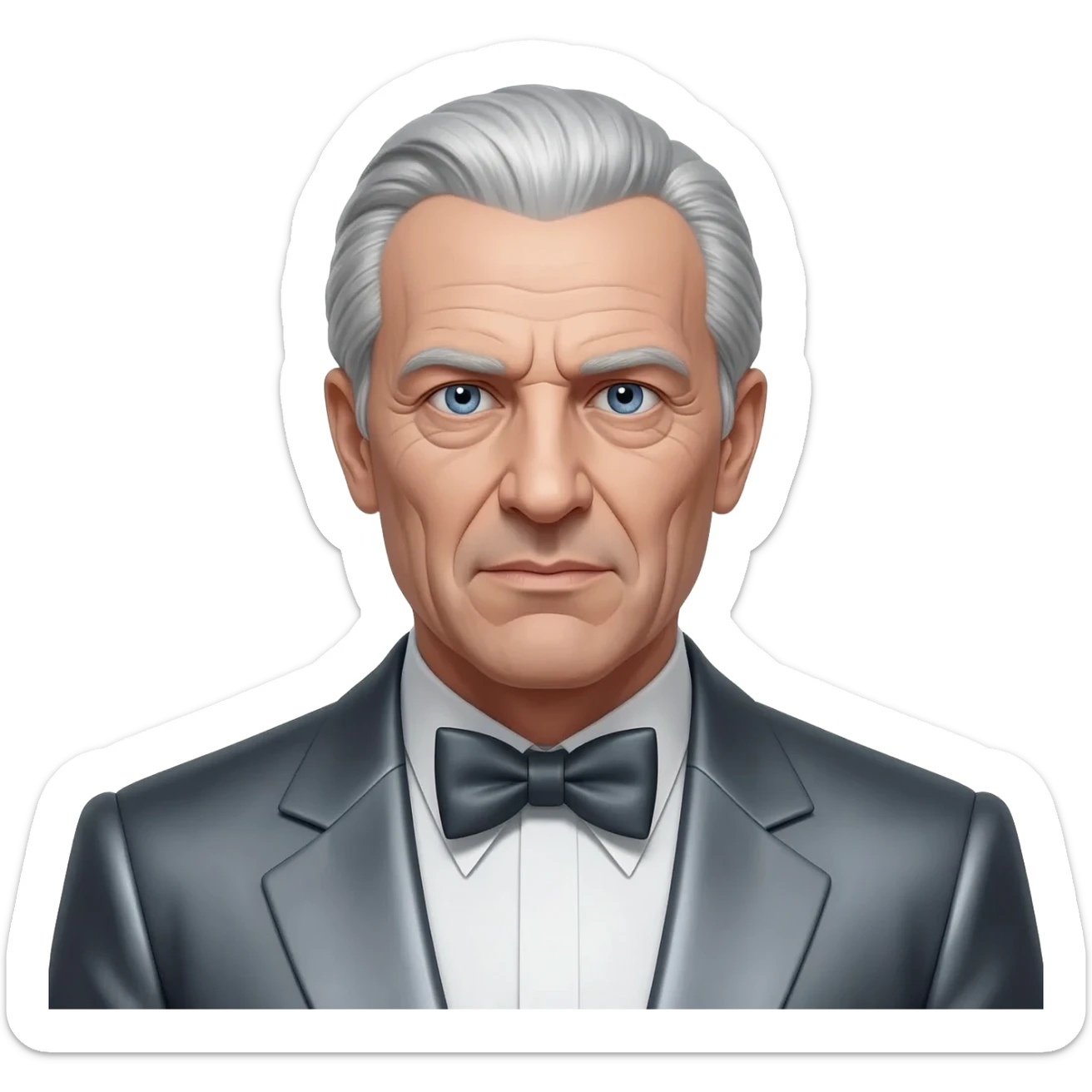 Ernst Stavro Blofeld from James Bond series with blue eyes, silver hair, charcoal grey metallic suit with bow tie sticker
