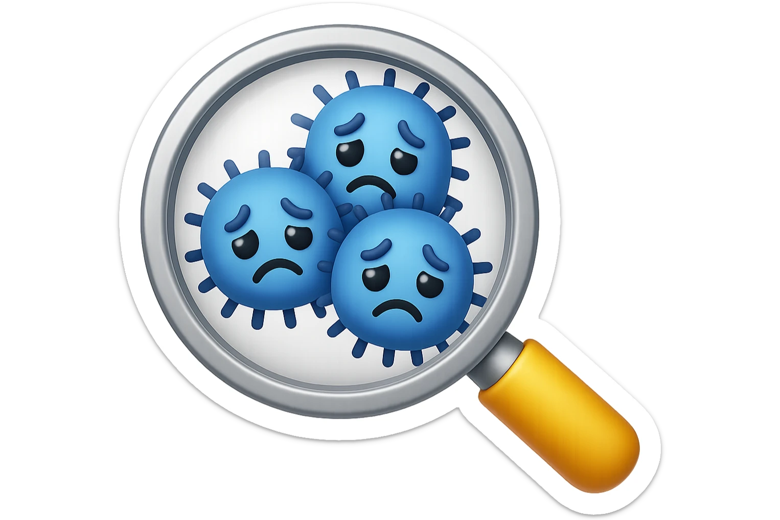 EMOJI STILE IPHONE DI una lente di ingrandimento che inquadra un cumulo di batteri intestinali tristi, IPERREALISTICO 4K sticker