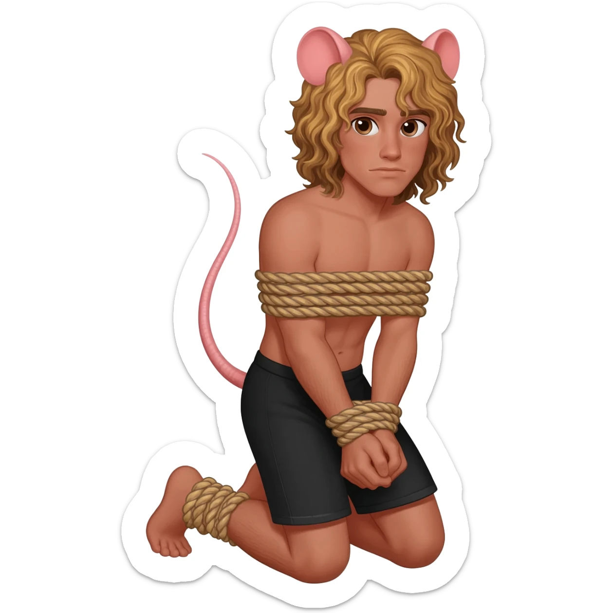 man with brown eyes, curly long blond hair. he has rat tail and rat ears. he dressed in black shorts. he is on his knees. her arms are tied up with ropes sticker