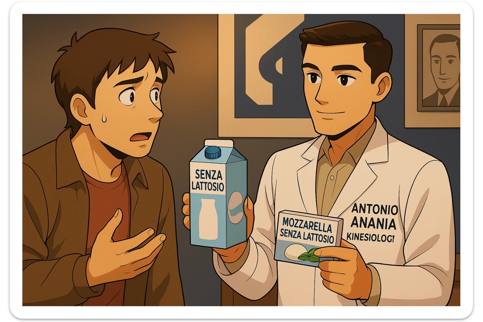 fai un webtoon manga a colori con questo stile, in cui un uomo ASCOLTA Il kinesiologo con il camice bianco (fagli anche la scritta "ANTONIO ANANIA" SUL CAMICE, IL KINESIOLOGO SPIEGA ALL'UOMO UNA MOSTRANDO VARI PRODOTTI DA SUPERMERCATO CONFEZIONATI (TIPO SCATOLA DI LATTE SENZA LATTOSIO, MOZZARELLA SENZA LATTOSIO), OGNI CONFEZIONE HA LA SCRITTA "SENZA LATTOSIO SULL'ETICHETTA. L'UOMO OSSERVA IL KINESIOLOGO CON ESPRESSIONE CONFUSA IN VOLTO. non fare i fumetti però, fai solo in modo che sembri stiano parlando sticker