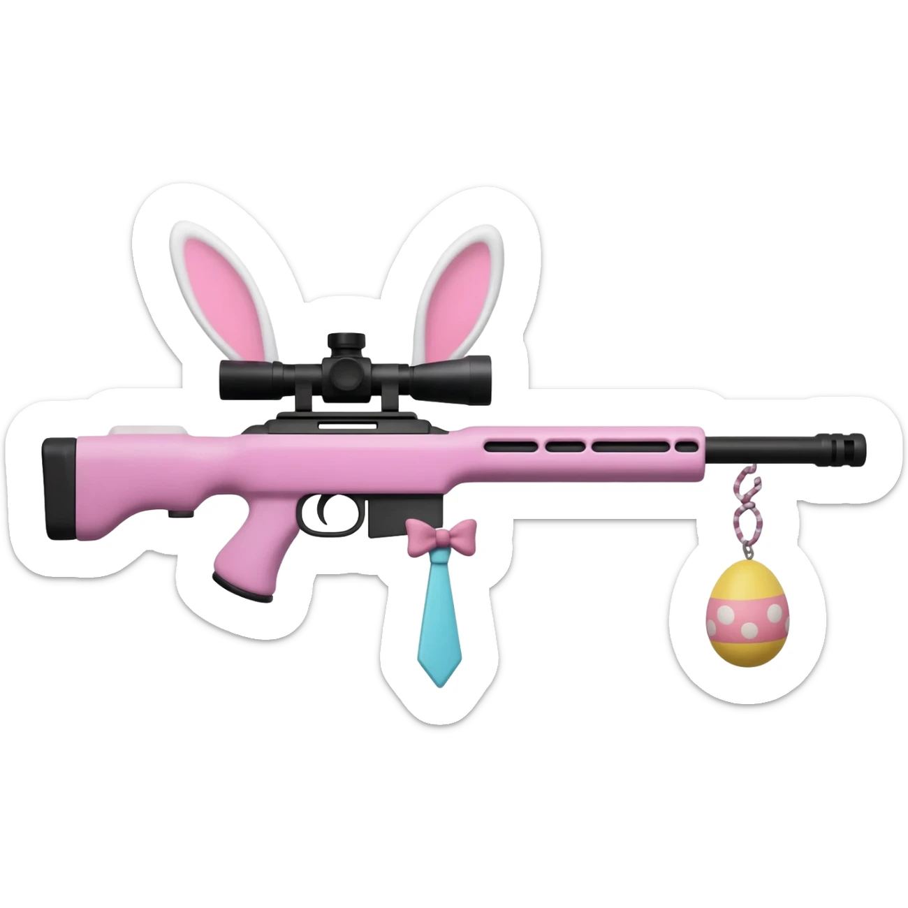 easter theme sniper rifle like with bunny ears and eggs and pink and a tie bow sticker