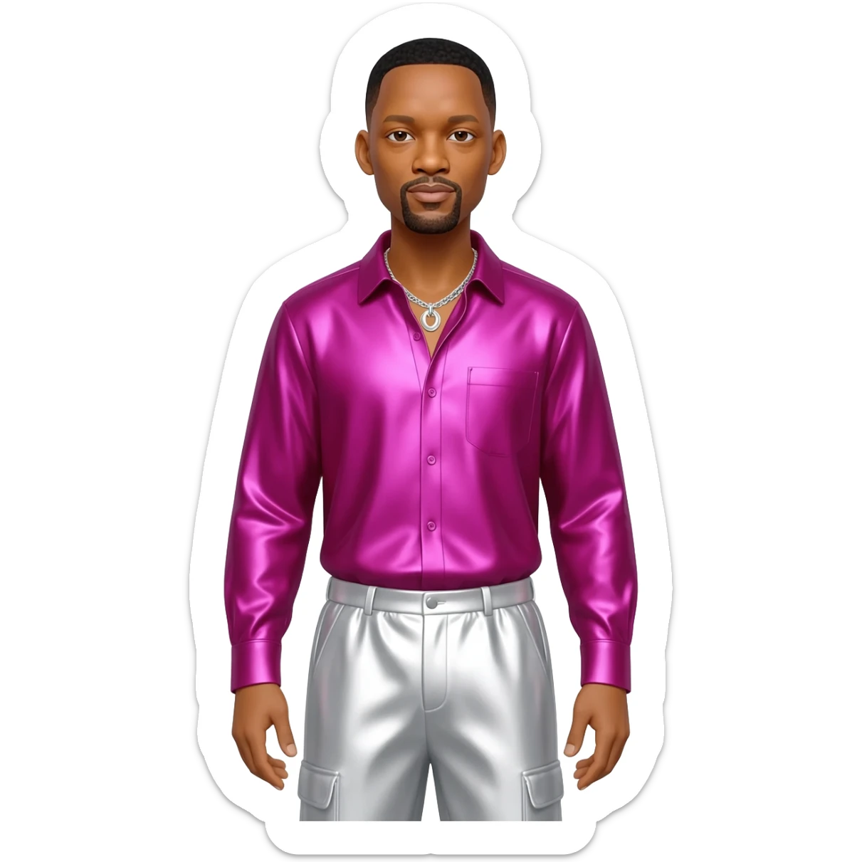 Will Smith with black hair, fuchsia metallic shirt, white metallic baggy pants, silver necklace sticker