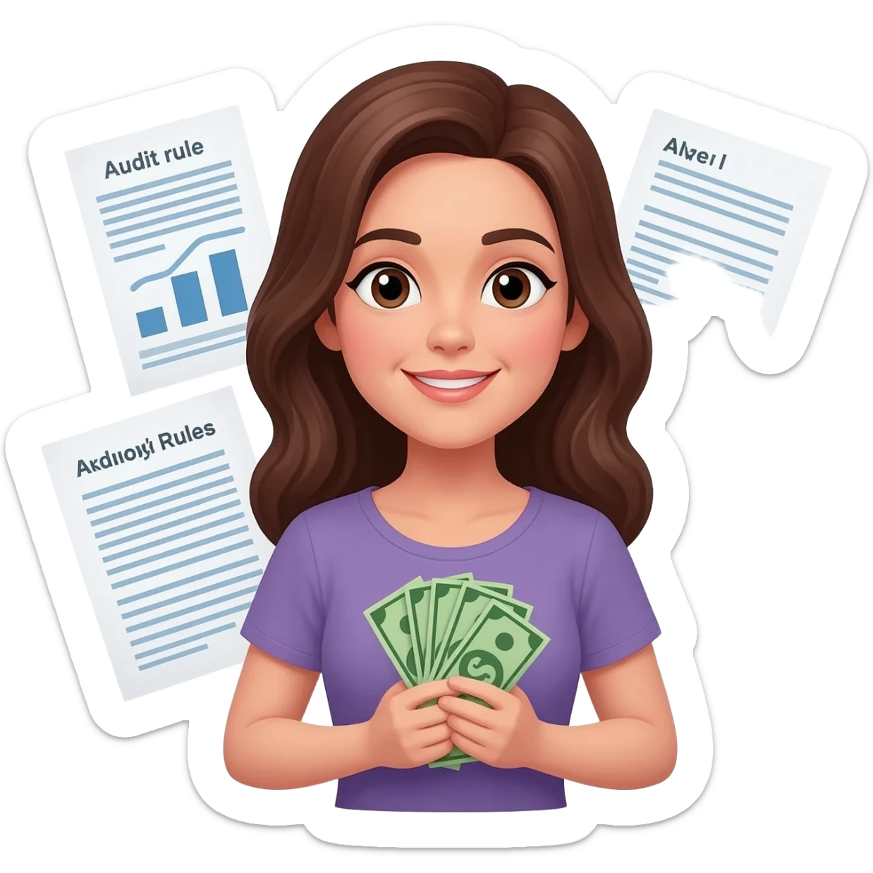 Brown haired woman with money and audit rules around her sticker