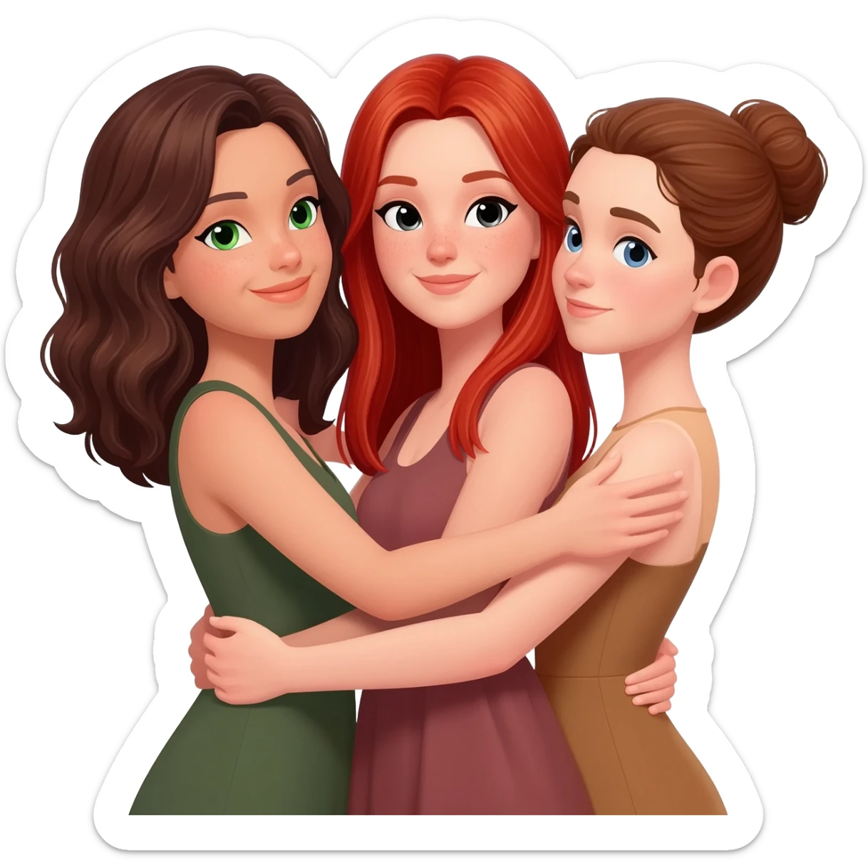 Même  photo mais les filles se prennnent dans les bras :Emoji trouplr femme: à gauche: brune cheveux aux épaules, ondulés et châtain foncée, yeux verts. Au milieu rousse aux yeux noirs, cheveux longs et raides. À droite : châtain avec chignon et yeux bleus. Les trois sont de couleur de peau blanche. sticker
