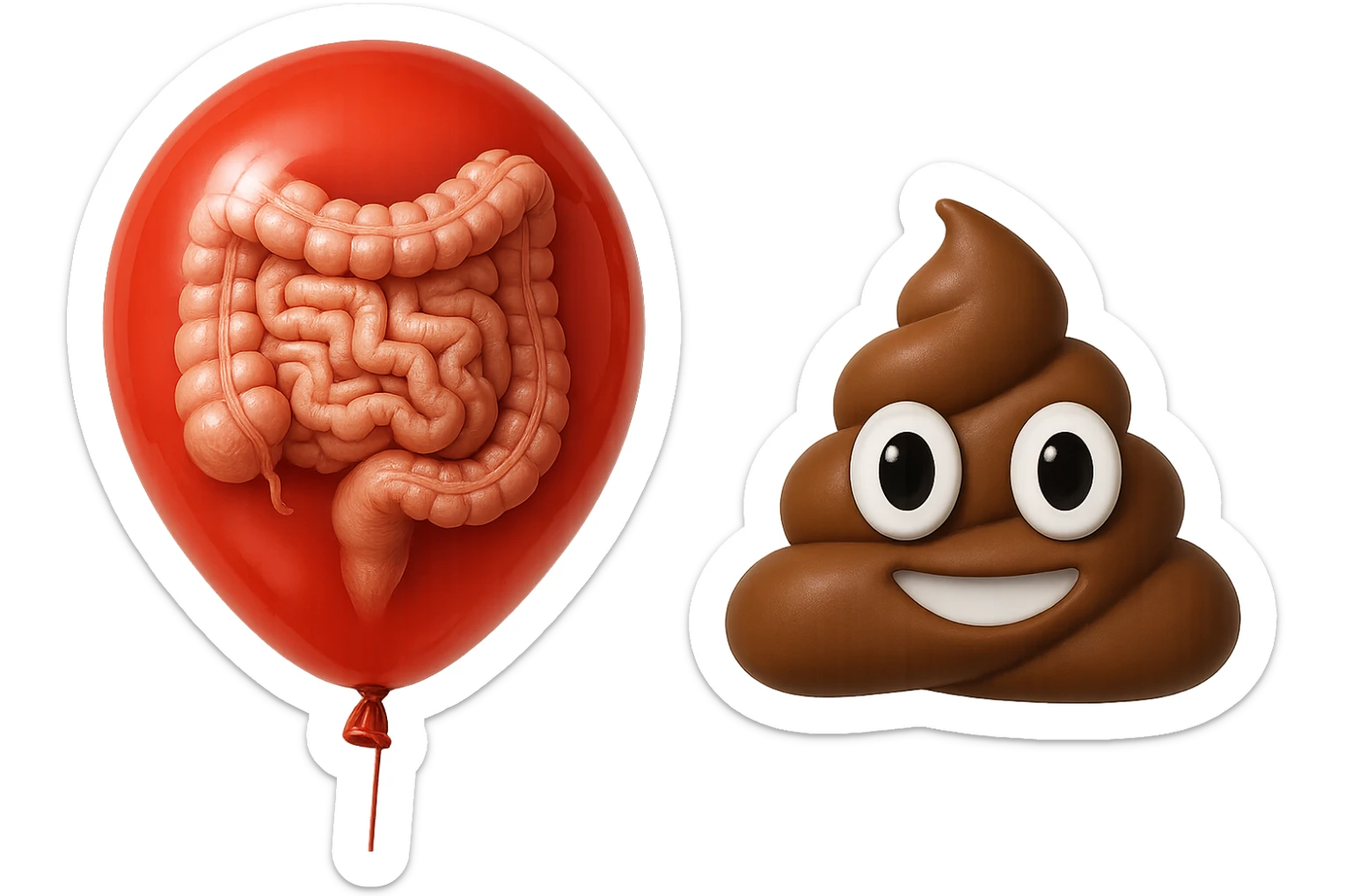 intestino umano anatomico chiuso in un palloncino rosso che simboleggia gonfiore, accanto un simbolo di cacca stile emoji iphoneche simboleggia "diarrea", iperrealistico 4k sticker