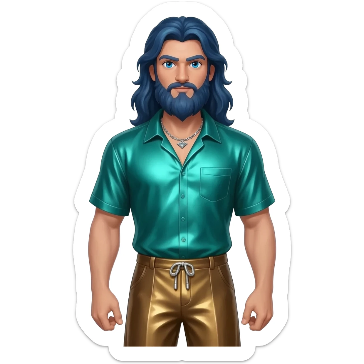 Poseidon from Greek Mythology with blue eyes, long dark blue hair, sea green metallic shirt, bronze metallic baggy pants, silver necklace sticker