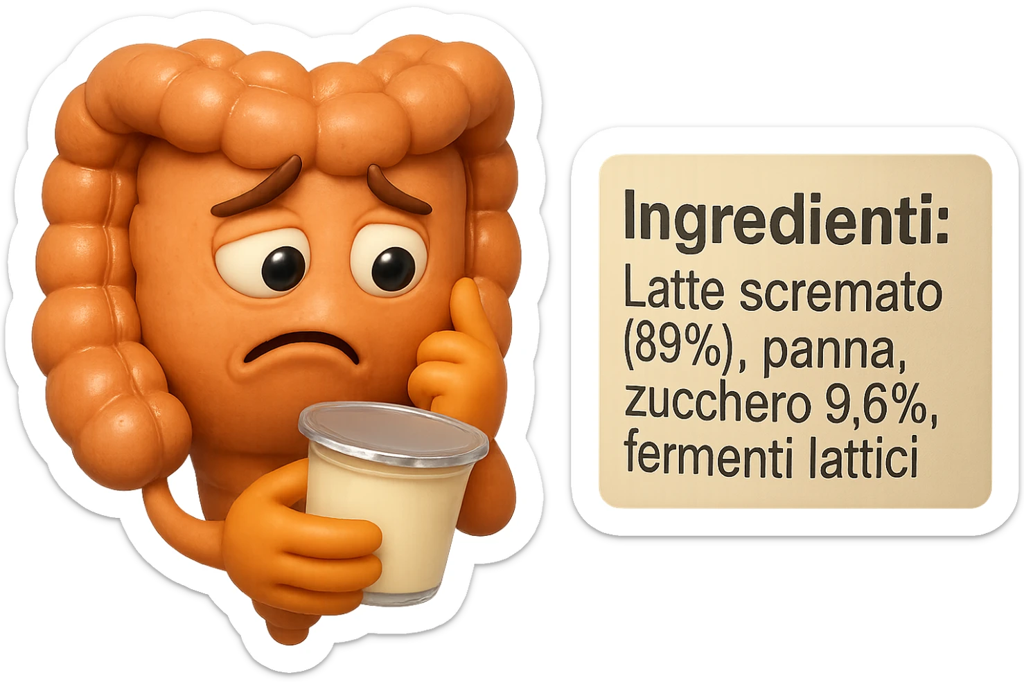SU QUESTO STILE FAI UN EMOJI STILE IPHONE 3D DI UN INTESTINO CHE HA IN MANO UN BARATTOLO DI YOGURT CONFEZIONATO DA SUPERMERCATO E LEGGE L'ETICHETTA NUTRIZIONALE CON GLI INGREDIENTI IN ITALIANO, ACCANTO ALLO YOGURT CHE HA IN MANO C'è UN FOCUS SULL'ETICHETTA CON GLI INGREDIENTI SCRITTI, FAGLI UN ESPRESSIONE CONFUSA MENTRE LEGGE E FALLO MOLTO REALISTICO IN 3D sticker