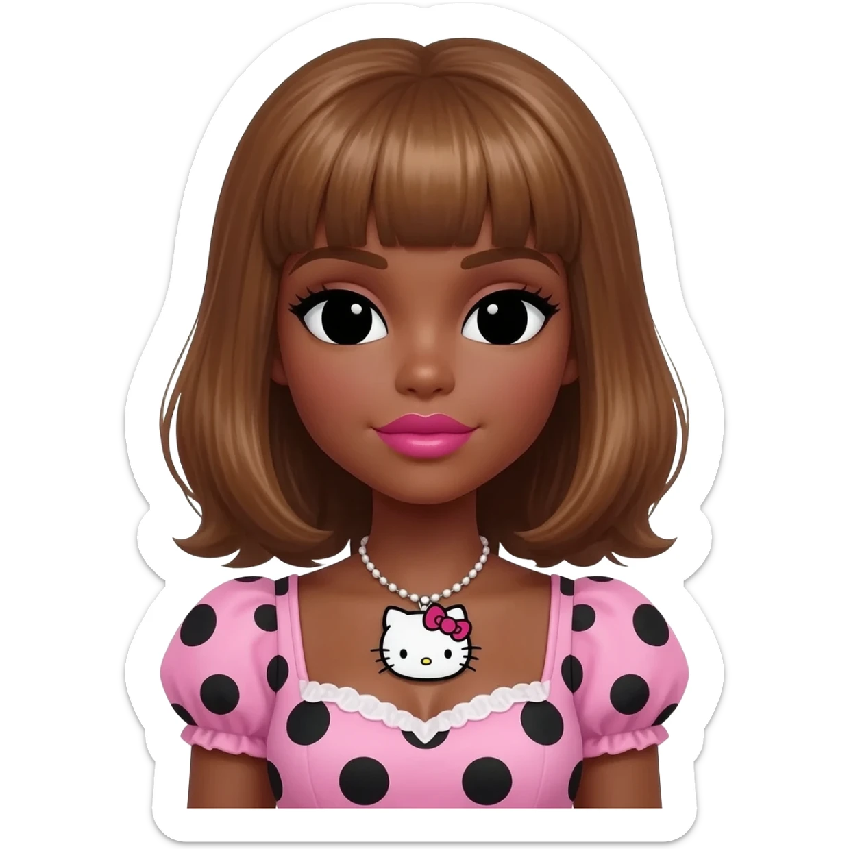 Doll faced shaped, hello kitty necklace, bimbo, black doll eyes, Big lips barbie, dark brown skin with honey brown hair, bimbocore outfit light pink and black polkadots sticker