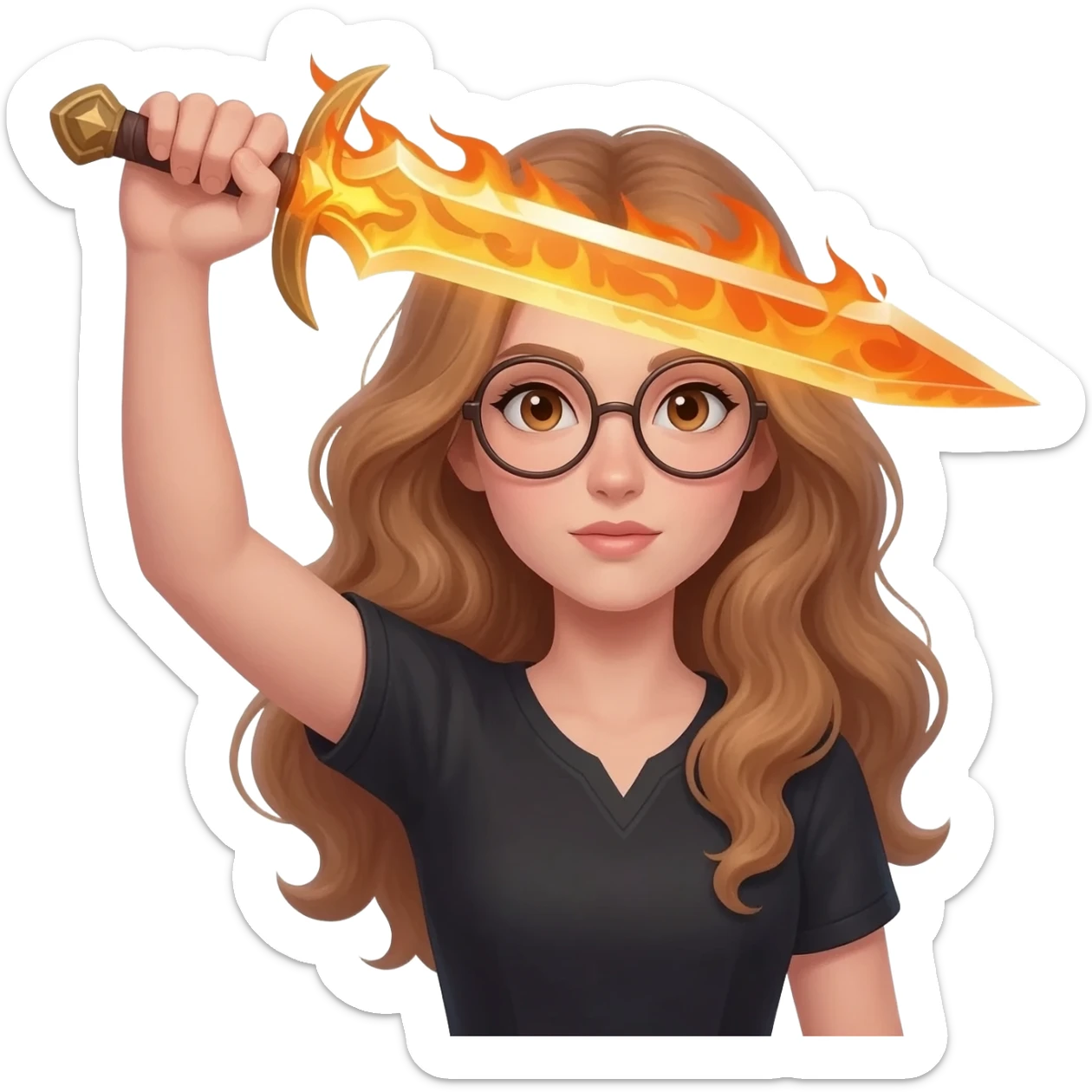 detailed emoji illustration of a woman with long light brown wavy hair and light brown eyes wearing round glasses, raising a flaming sword above her head, heroic fantasy pose, emoji style sticker