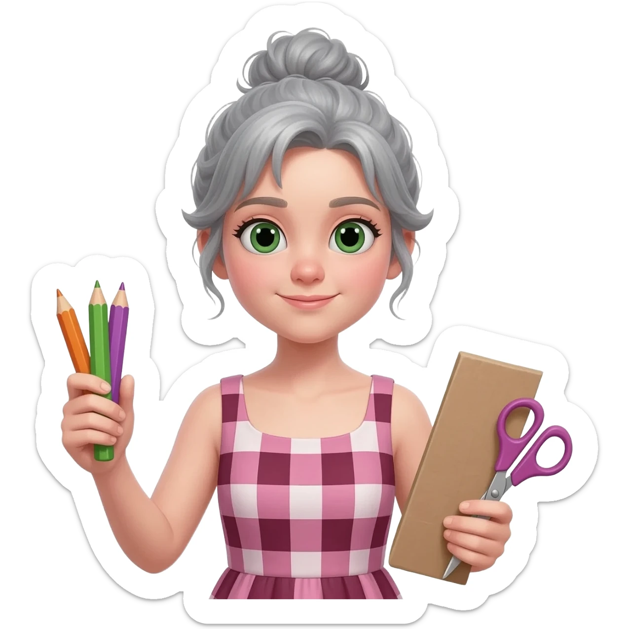 MUJER JOVEN, PELO GRIS, MOÑO INFORMAL DESPEINADO, OJOS VERDES  Y CARA OVALADA VESTIDA CON BATA DE CUADROS ROSA/GRANATE/BLANCA, CON LÁPICES DE COLORES, CARTULINA, TIJERAS sticker