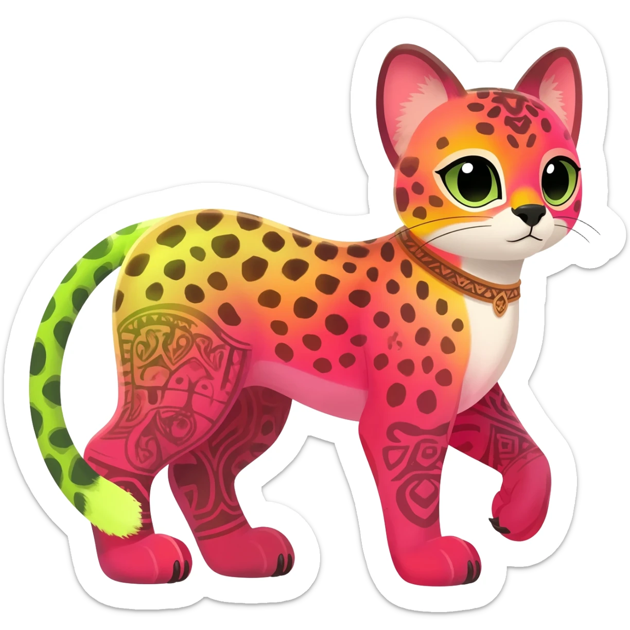 Colorful cute adorable tropical exotic fruity kiwi-green lemony rosy neon-red Caracal-Cheetah-Civet-Trico-fusion-hybrid-animal-creature, full body, with tribal tattoos sticker