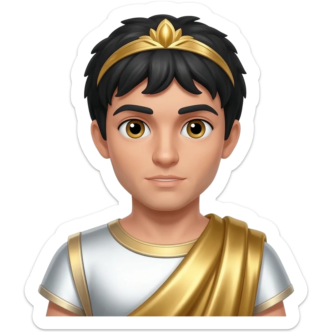 Ptolemy from Rome Mythology with hazel eyes, black hair, white metallic tunic, gold metallic cloak, gold diadem sticker