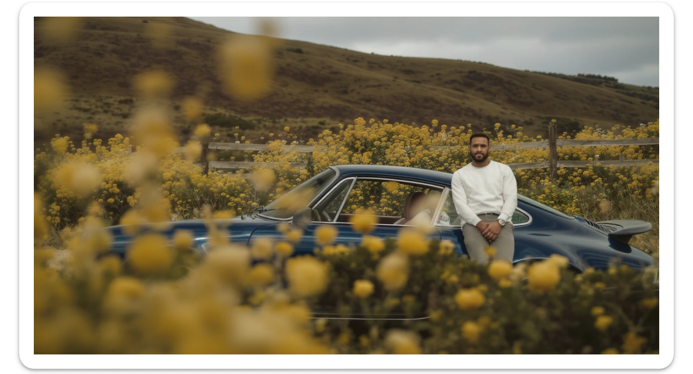 A portrait of a white person next to porsche 911 in the foreground, blurred plants in the foreground, a wooden fence and colorfull flowers in the midground, rolling hills in the background, cinematic depth of field, layered composition, natural lighting sticker