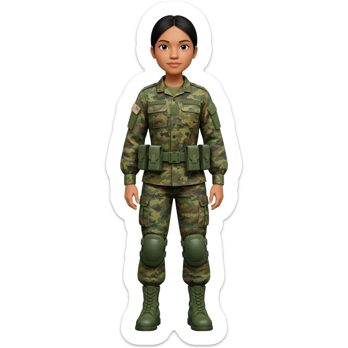 Filipino female army soldier bdu camo with green combat boots no plate carrier and no belt no knee pads long sleeve sticker