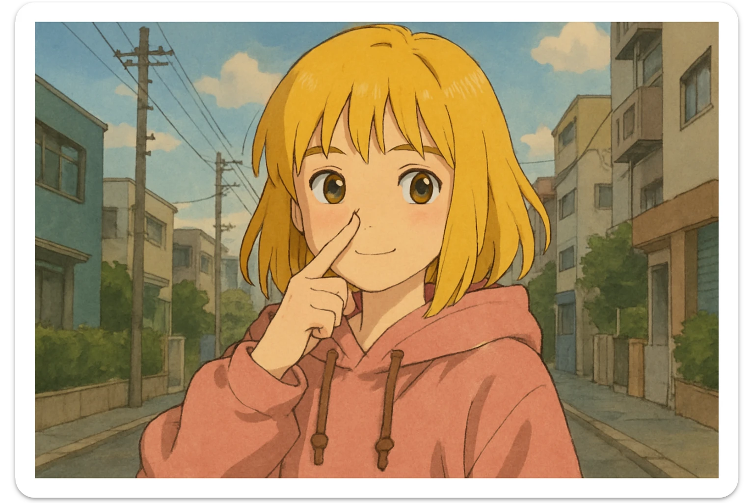 A girl yellow hair brown eyes pink Urban Heavy Loose Fit Hood Sweat touch your nose  sticker