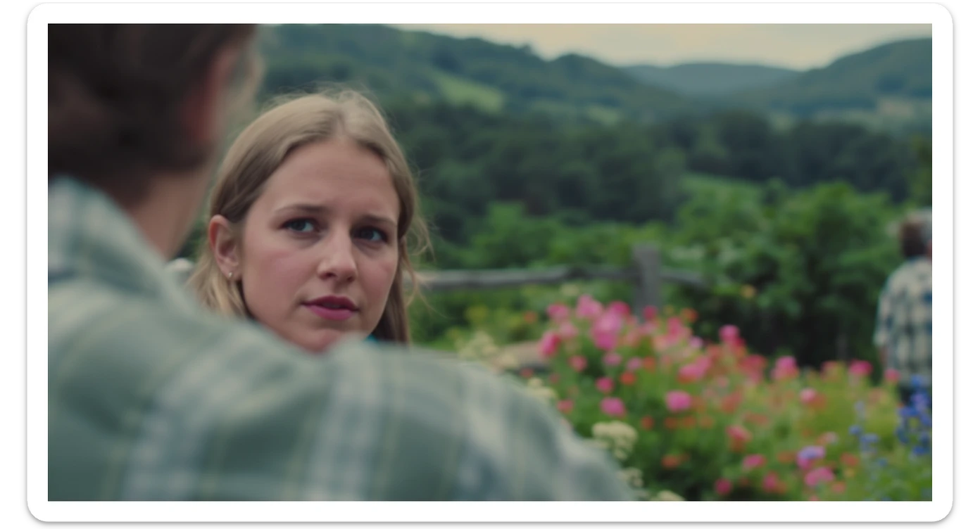 A portrait of a person in the foreground, blurred plants in the foreground, a wooden fence and colorfull flowers in the midground, rolling hills in the background, cinematic depth of field, layered composition, natural lighting sticker