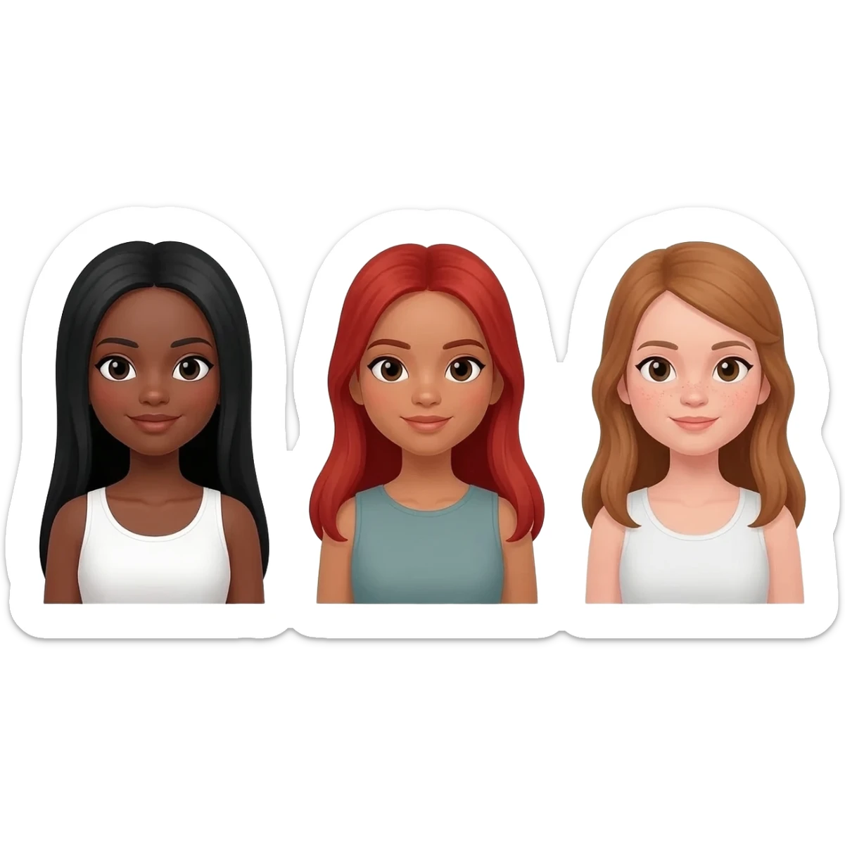 1 dark-skinned girl with long, straight black hair; 1 light-skinned girl with long, light brown hair; 1 girl with long red hair sticker