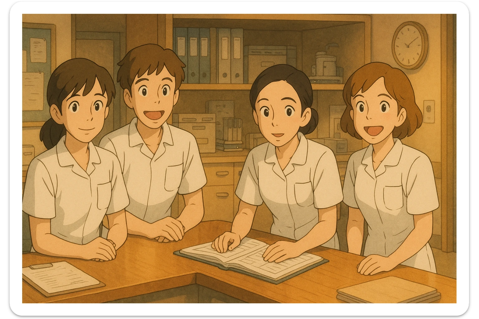 Four nursing students inspired by provided photos, in a care station, Ghibli style, white short-sleeve uniforms with V-neck collar and left chest pocket, no stethoscopes or clothing under sleeves, warm ambiance. sticker