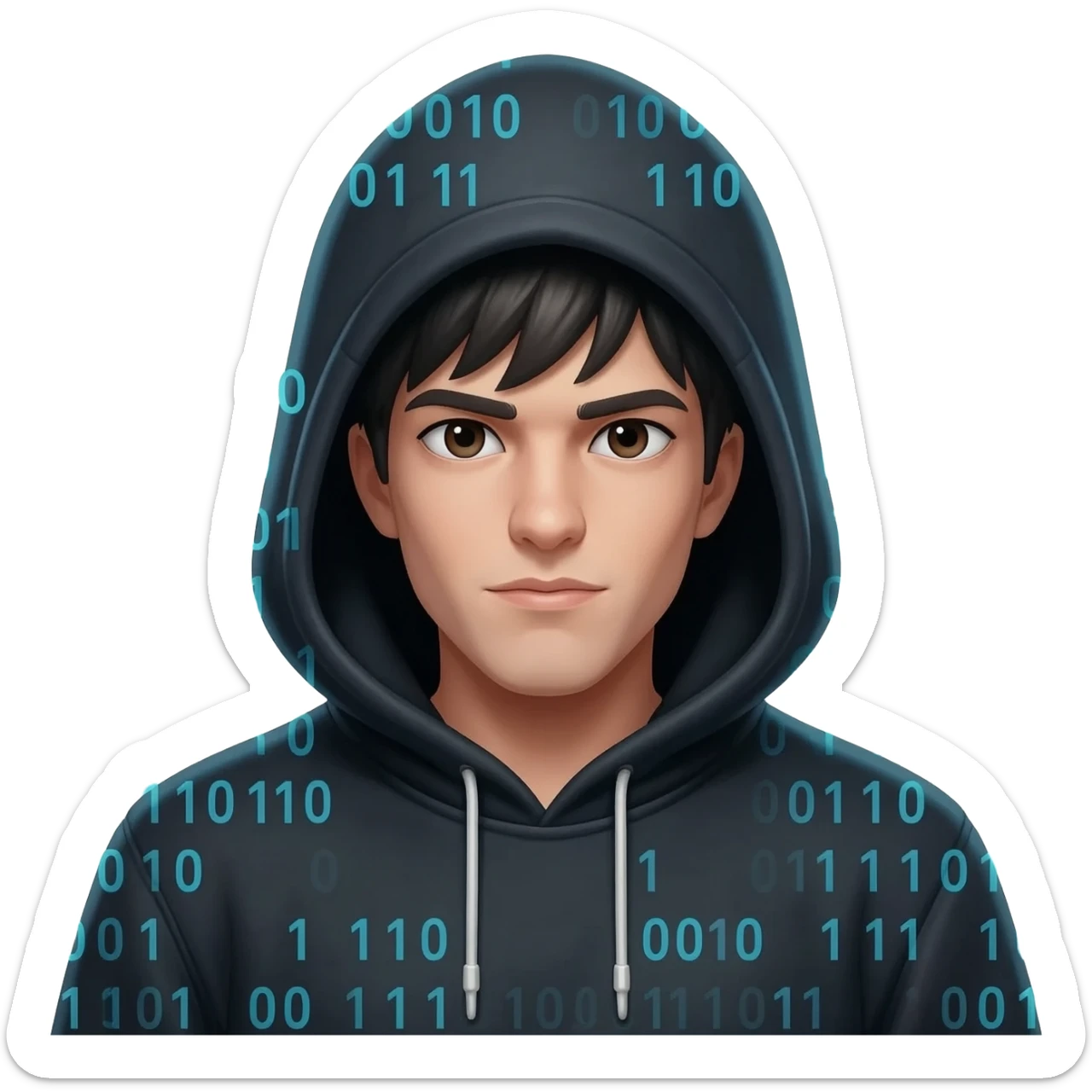 Binary system and "hacker" look, wearing a black hoodie with the hood over the head, hide the hair under the hood so it's not visible at all,  visible face with no masks or hair. sticker