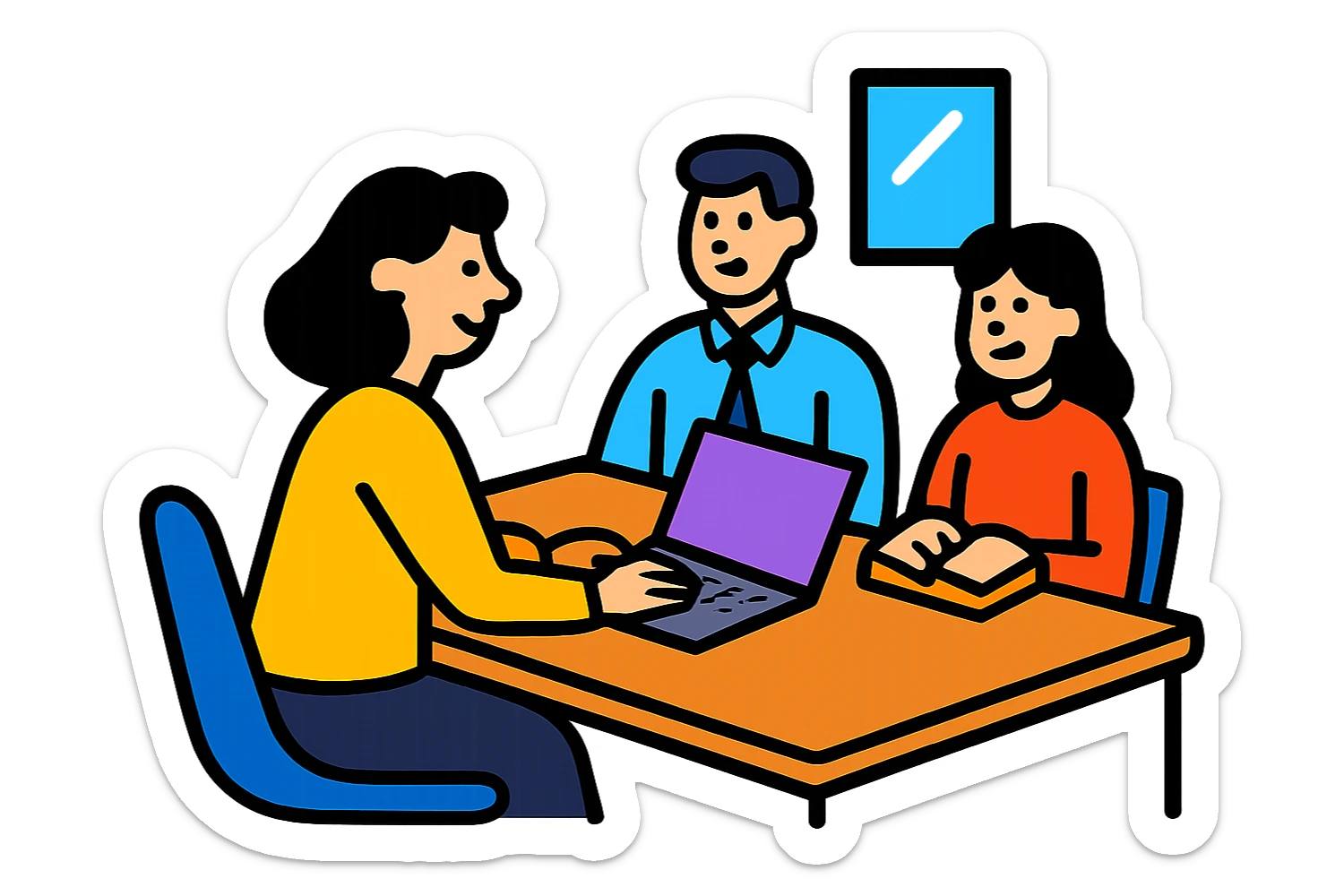 Add a laptop to the meeting office worker, keep the original style and transparent background. sticker