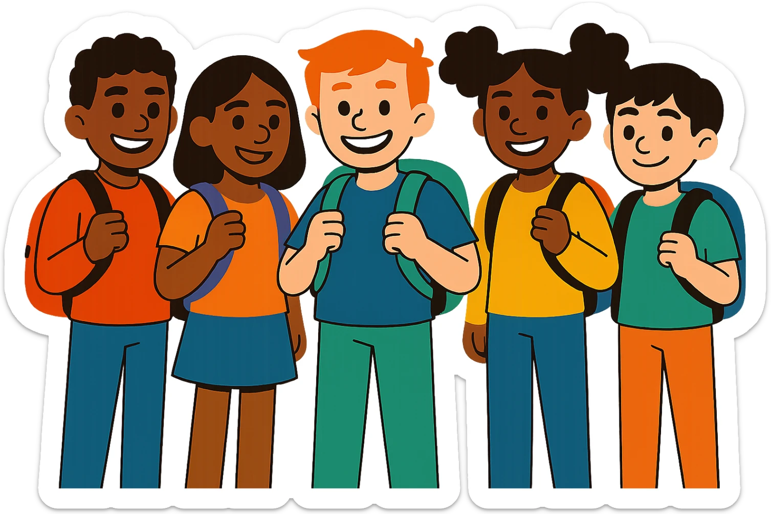 Edit the group of 5 school students in vibrant toon style with a transparent background. sticker
