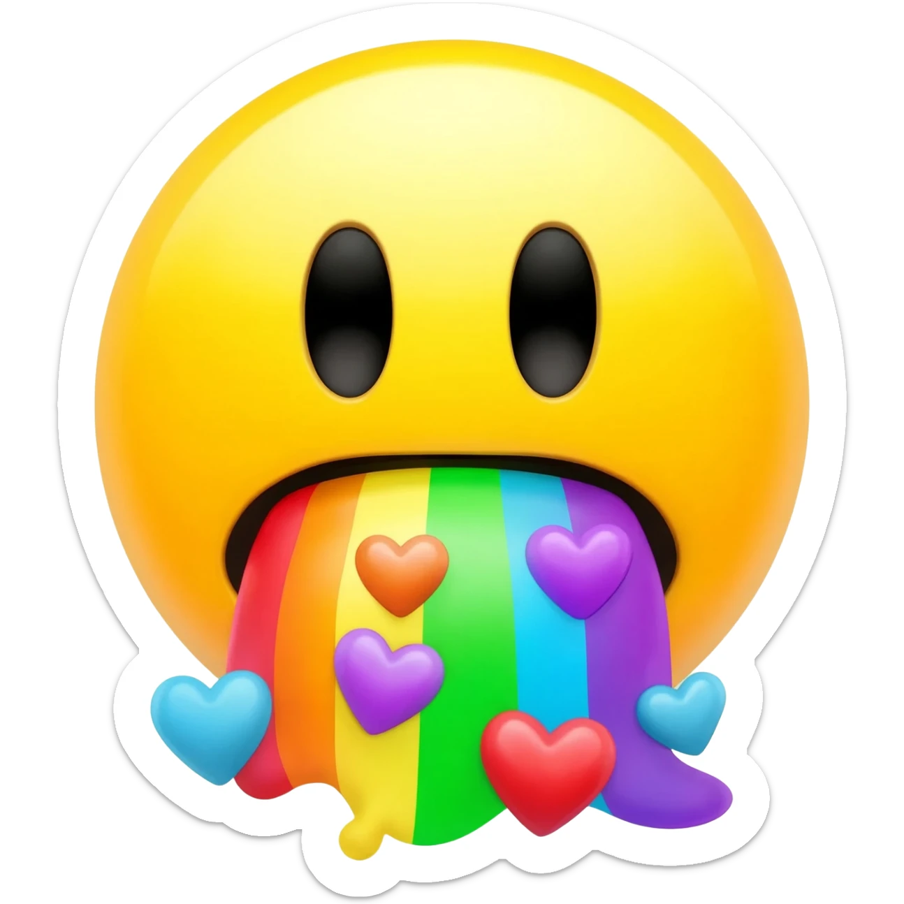 Standard yellow Smiley face barfing out a rainbow with hearts sticker