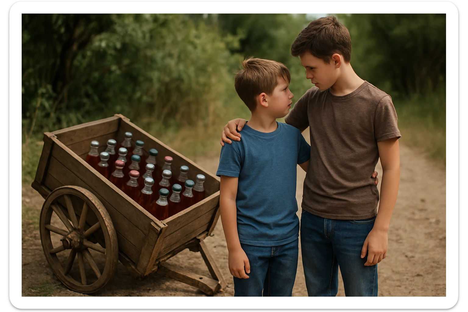 Bir g'ildiragi singan ichimliklar ortilgan arava uning yonida aka uka bir biriga havotirli nigoh bilan qarab turibdi realistik uslubda yuzi ko'rinmasin sticker