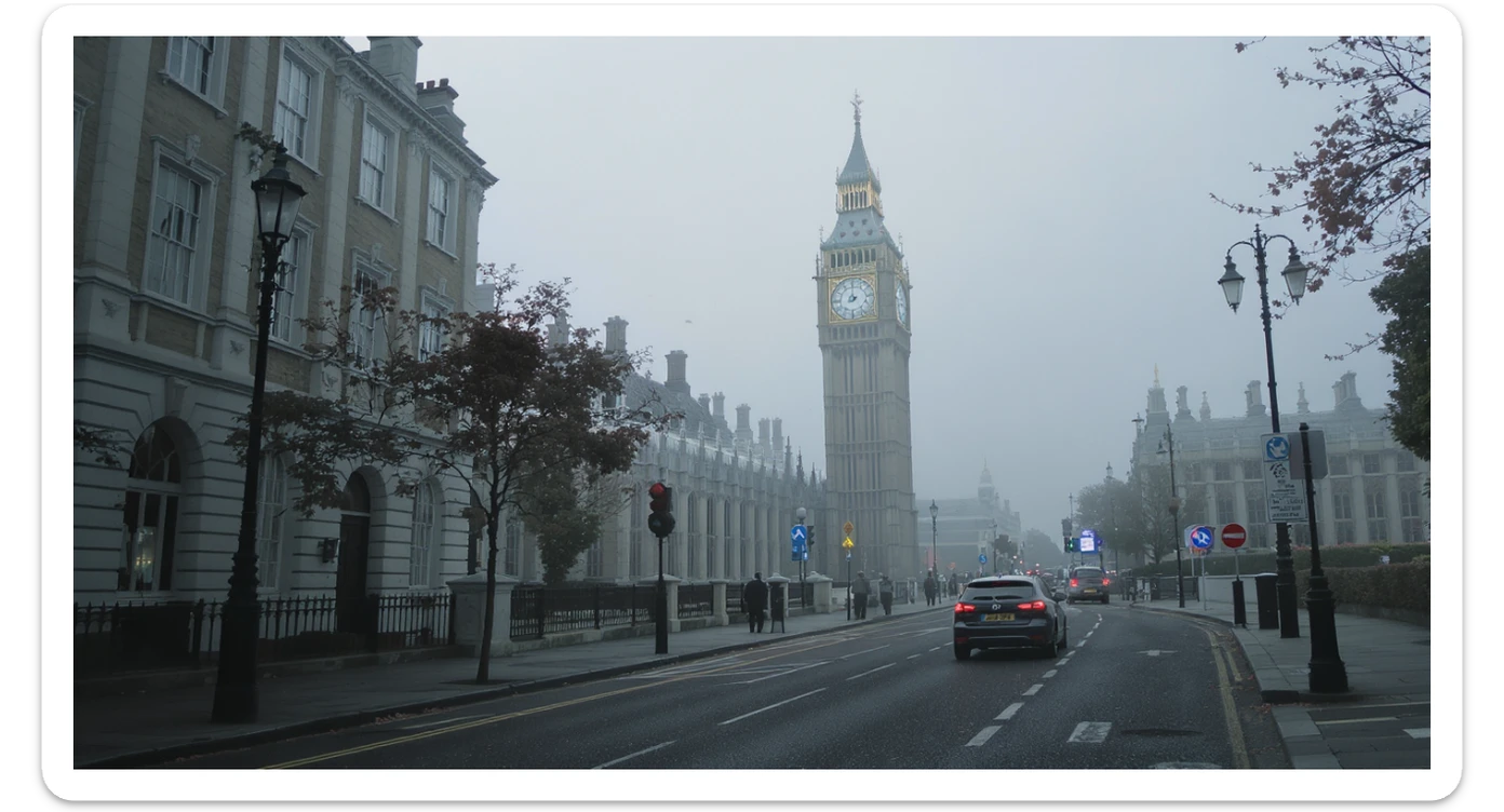 Cinematic shot of a london street, cloudy foggy day, soft light, leading lines to big ben in distance, multi composition, in foreground blurred car, on second street around UK bulding, od another plan in distance big ben, birds flying, artistic look, captured on arri alexa 35 sticker