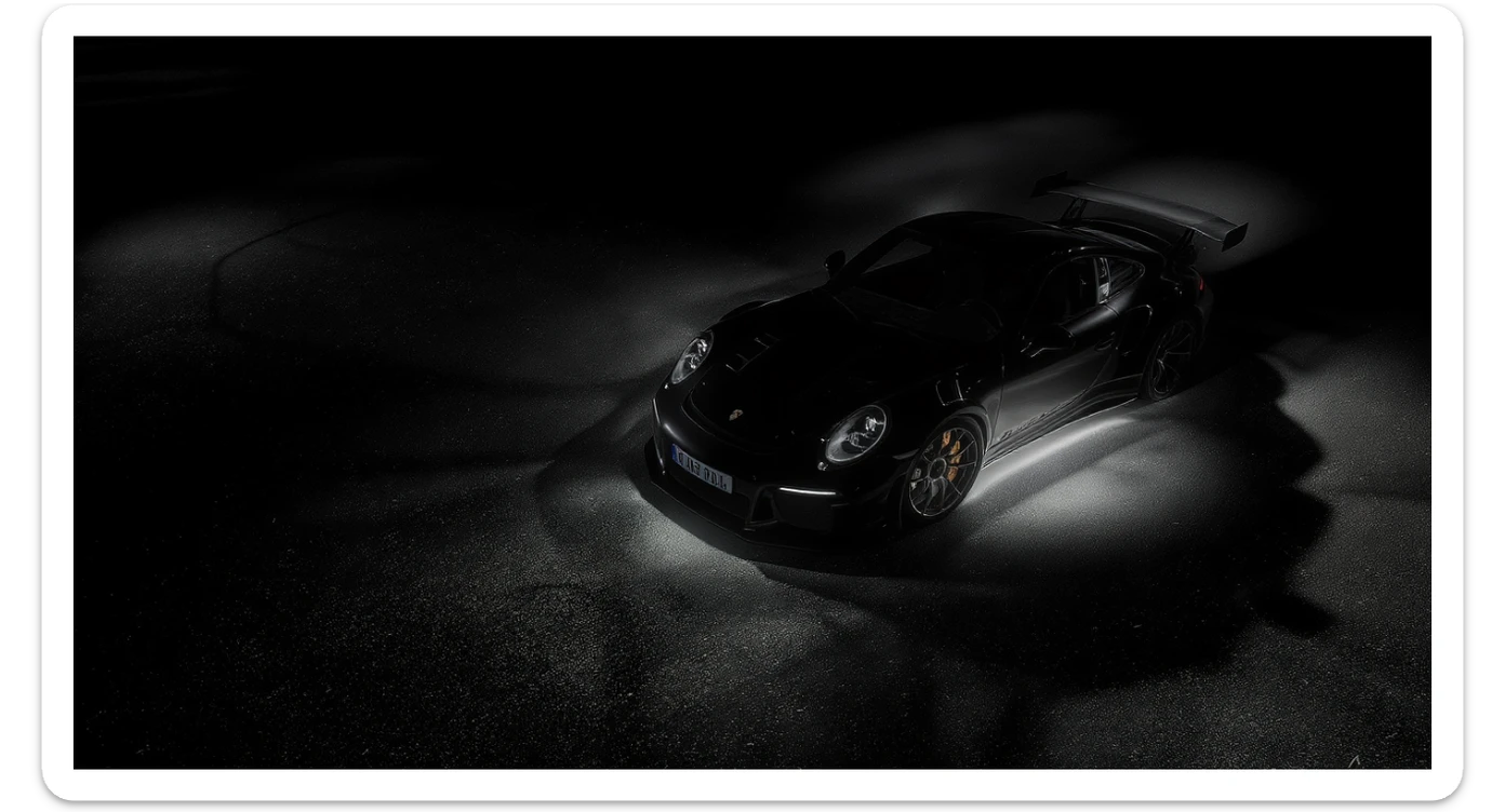 Editorial shot of a porsche 911 gt3 rs, top dutch angle, black voide around, top spotlight, captured on arri alexa sticker