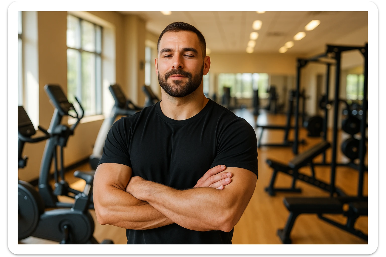 uomo sicuro di sè a braccia conserte, ben allenato e sereno, sullo sfondo una palestra sticker