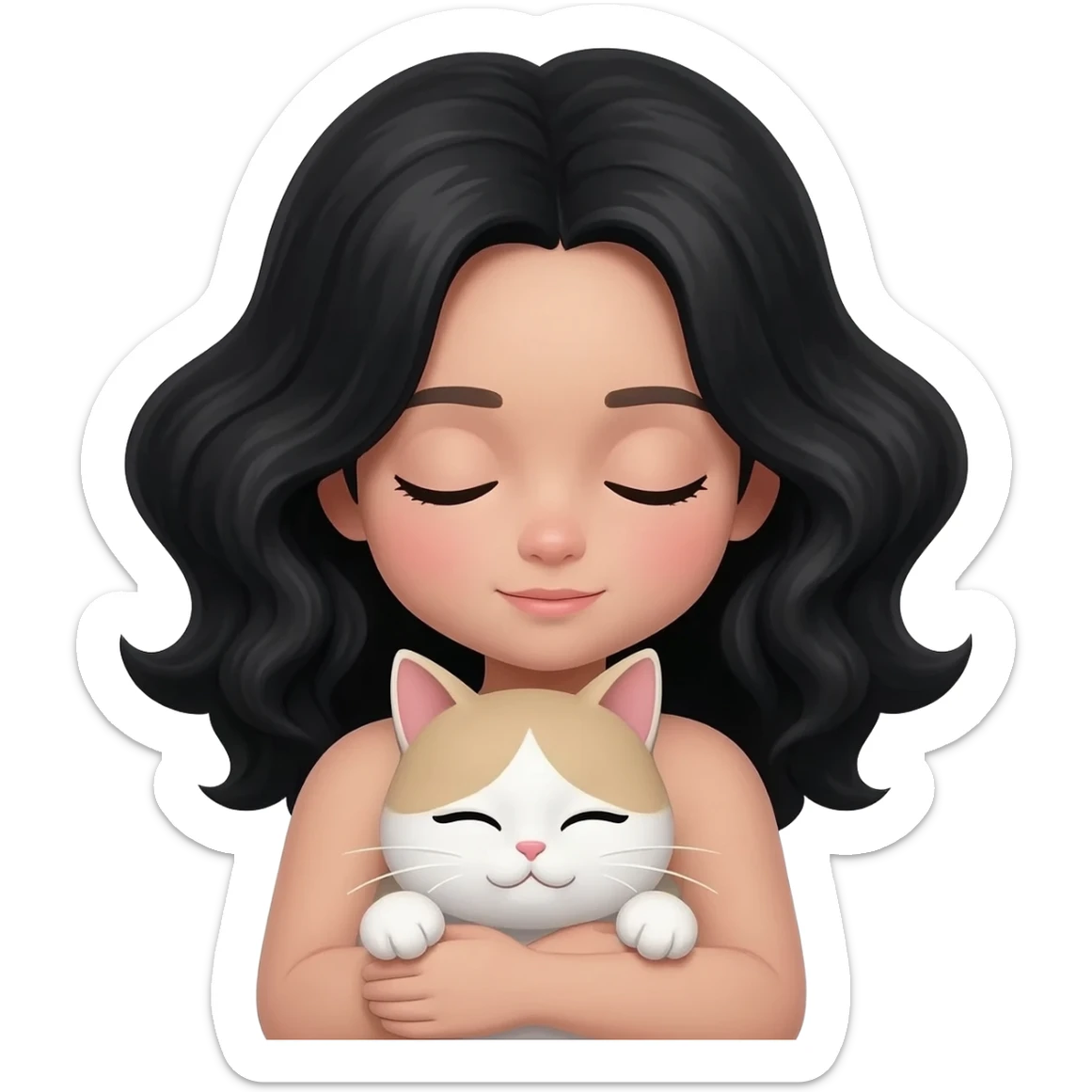 Girl with black wavy hair and she is white, sleepy with cat sticker