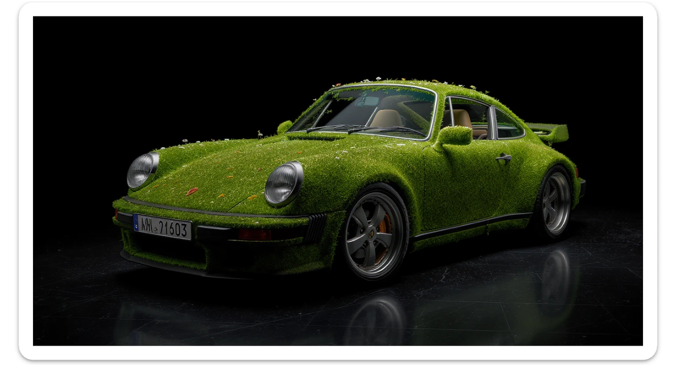 Closeup shot of a porsche 911, body of car made of grass and flowers, black solid studio background, very dark room, top low key light, dutch angle, captured by ARRI 65 sticker